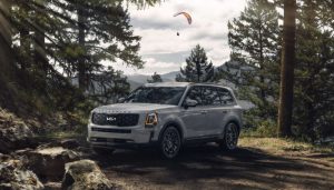 A light gray 2022 Kia Telluride parked in a wooded area. | Kia Dealer in Sherwood, AR.