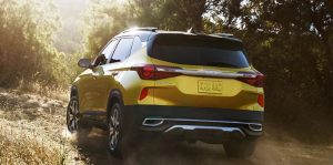 Rearview of a golden yellow 2022 Kia Seltos parked in a wooded area. | Kia dealer in Sherwood, AR.