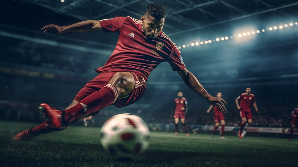A soccer playing preparing to kick the ball with other player behind him in a stadium. | Things to do around Sherwood, AR | Crain Kia of Sherwood