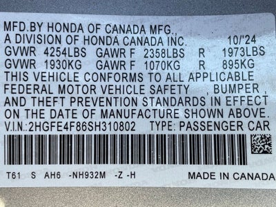 2025 Honda Civic Hybrid Sport MOON ROOF / HEATED SEATS / ONE OWNER